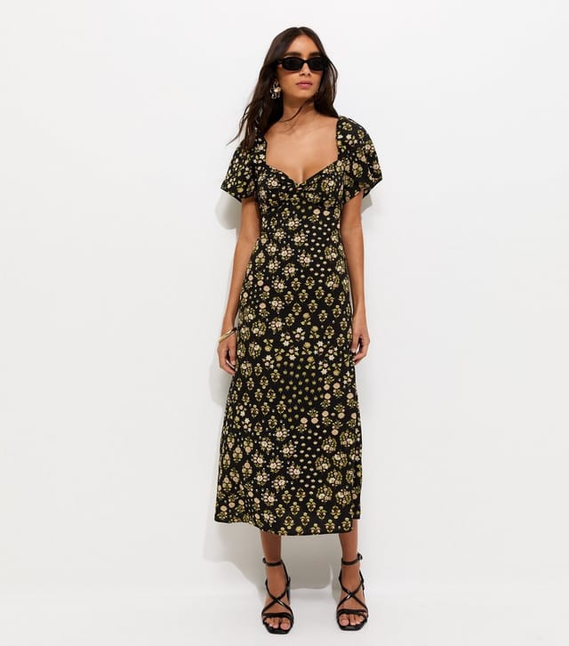 New Look Women's Black Floral Sweetheart Neck Midi Dress New Look - 2