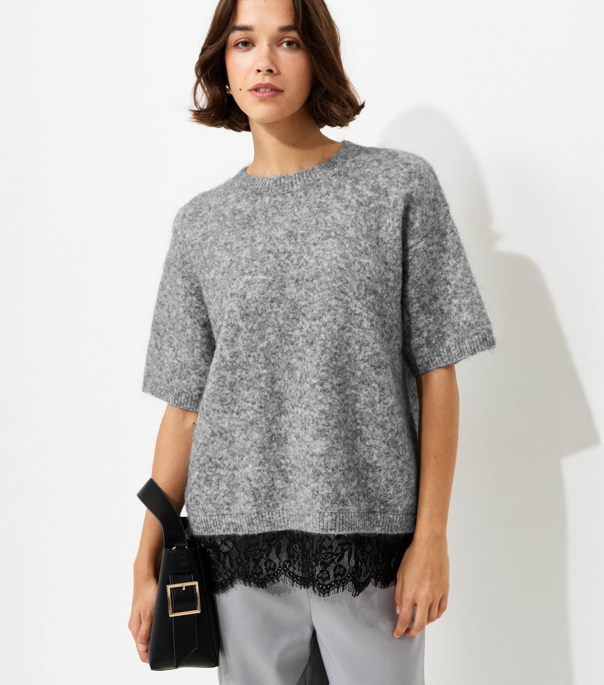 New Look Women's Grey Brushed Knit Lace Hem T-Shirt New Look