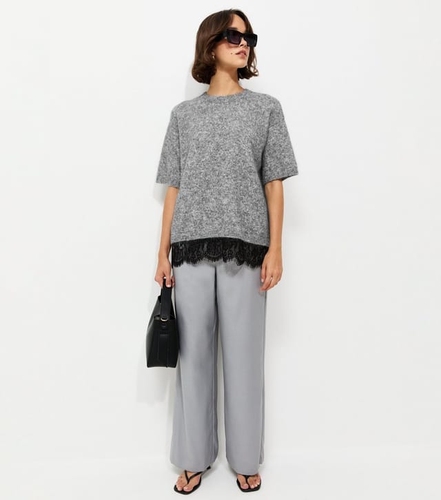 New Look Women's Grey Brushed Knit Lace Hem T-Shirt New Look - 3