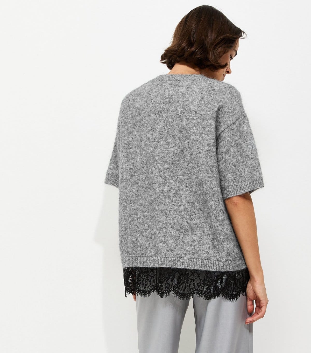 New Look Women's Grey Brushed Knit Lace Hem T-Shirt New Look - 4