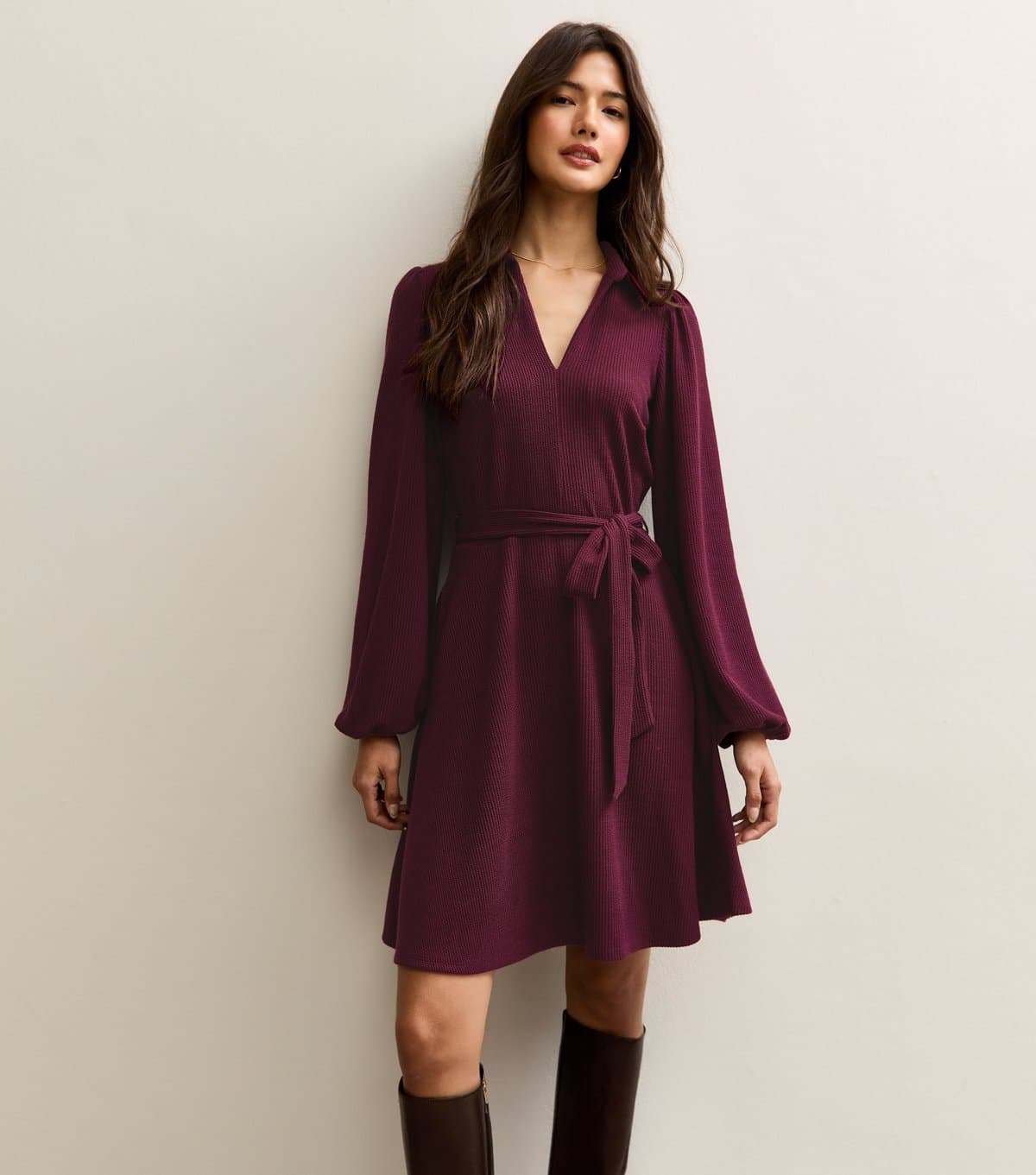 New Look Women's Dark Burgundy Crinkled Long Sleeve Mini Dress New Look