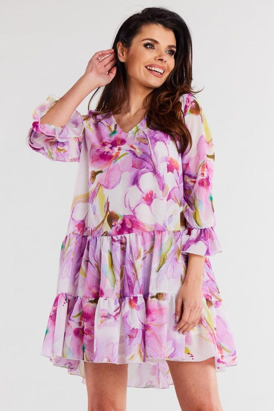 Love Lace Purple Floral Chiffon Dress with Elastic Lining