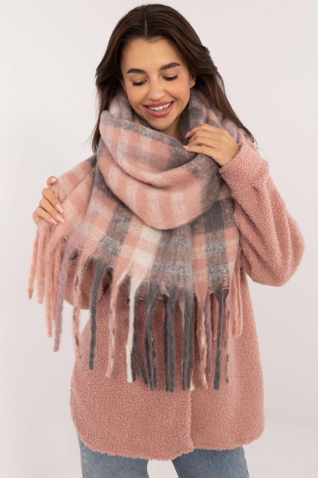 Love Lace Love Lace Women's Elegant Classic Polyester Check Scarf with Decorative Fringes in Grey