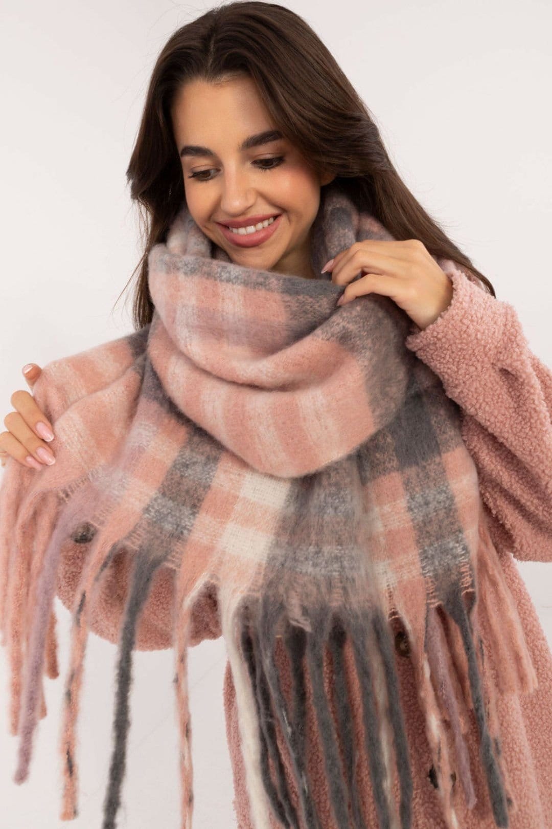 Love Lace Love Lace Women's Elegant Classic Polyester Check Scarf with Decorative Fringes in Grey - 4