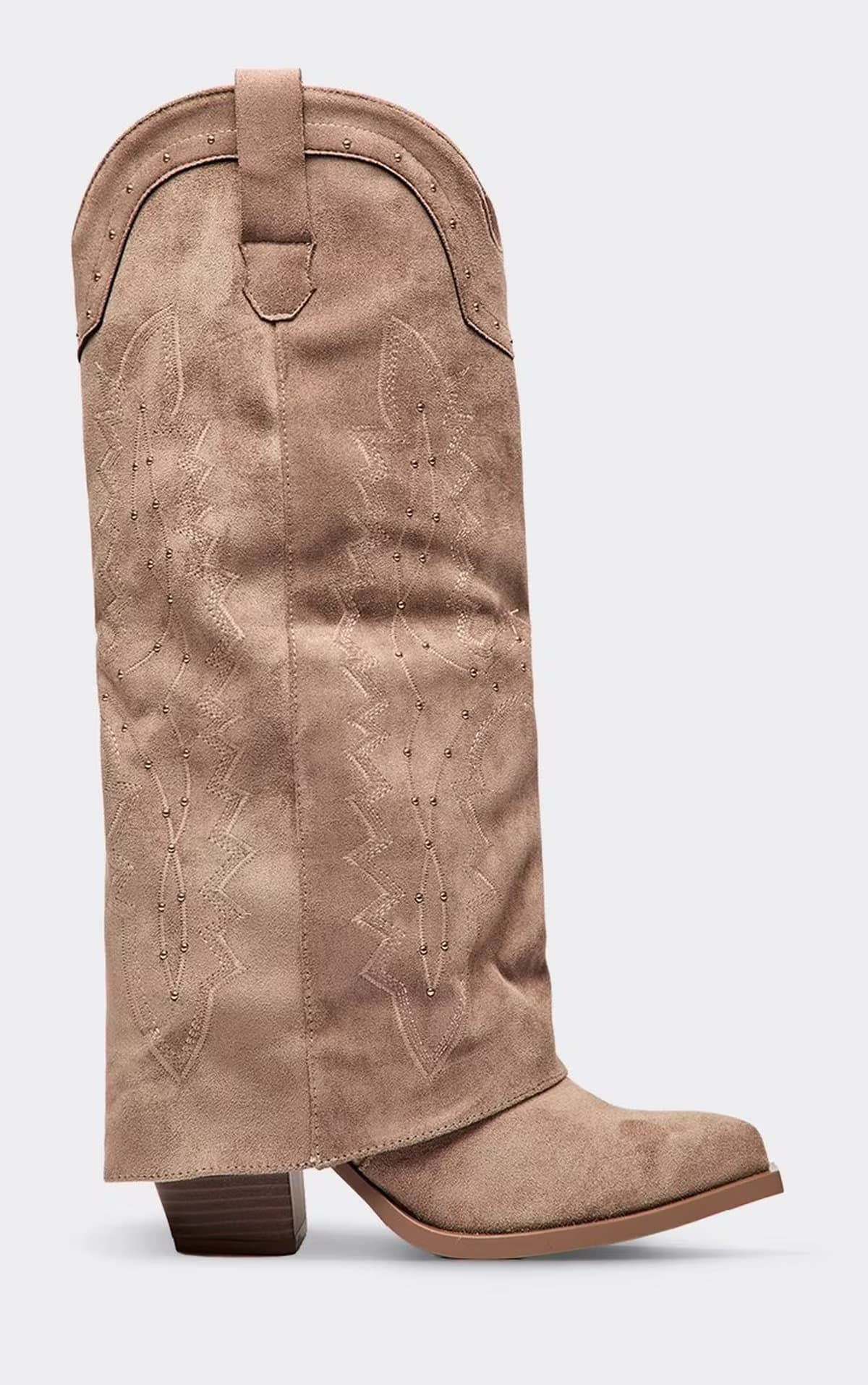 EGO Rhodes Embroidered Layered Stud Detail Knee High Western Cowboy Boot In Taupe Faux Suede, Women's Size UK 3