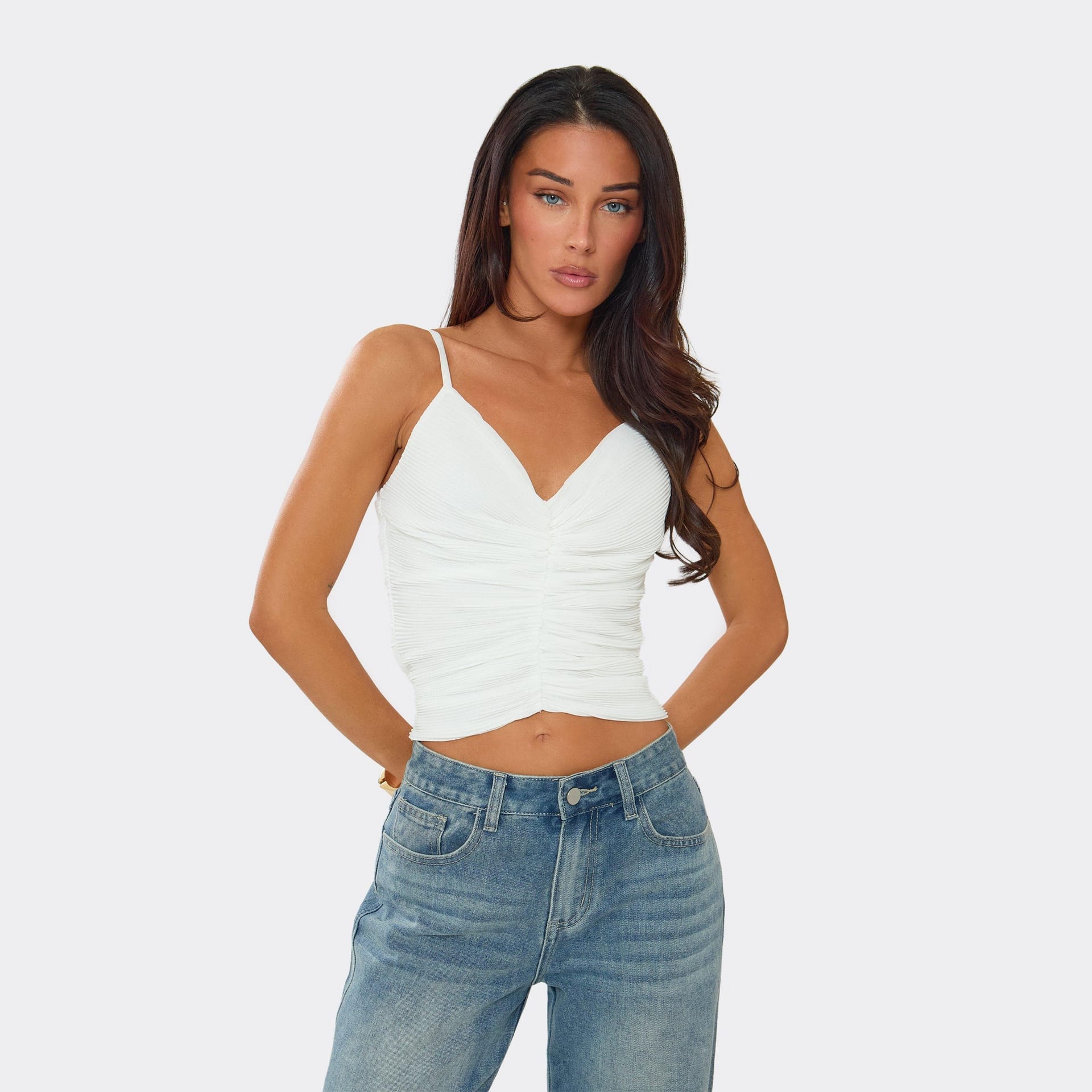 EGO White Mesh Ruched V-Neck Strappy Top