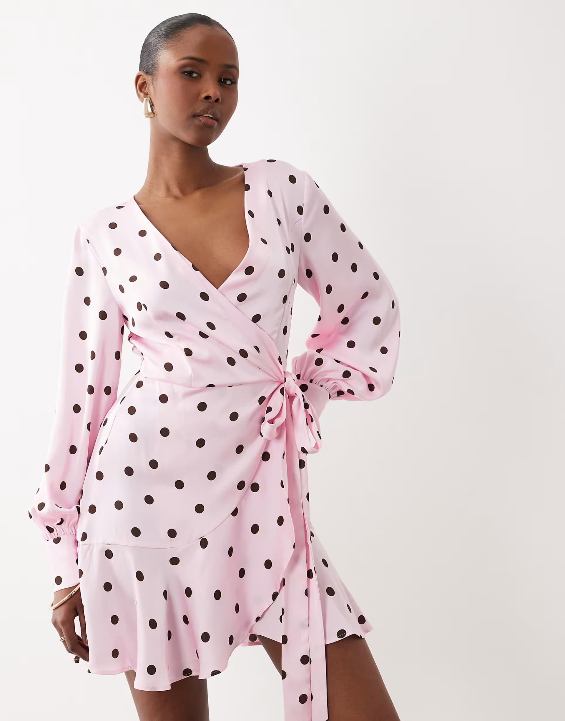 ASOS Vila long sleeve satin wrap mini dress in pink polka dot