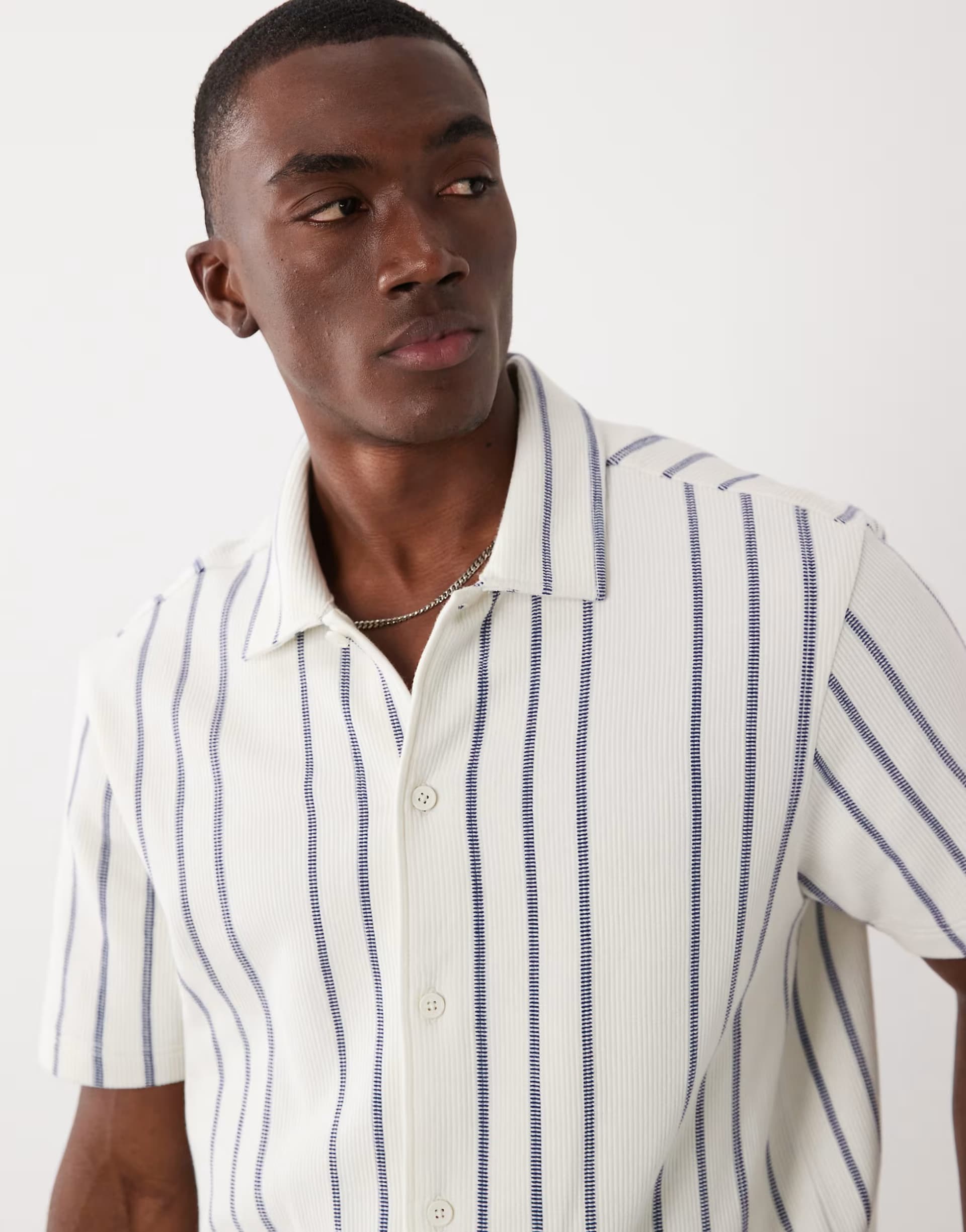 ASOS Threadbare textured heavyweight short sleeve shirt in blue and ecru stripe
