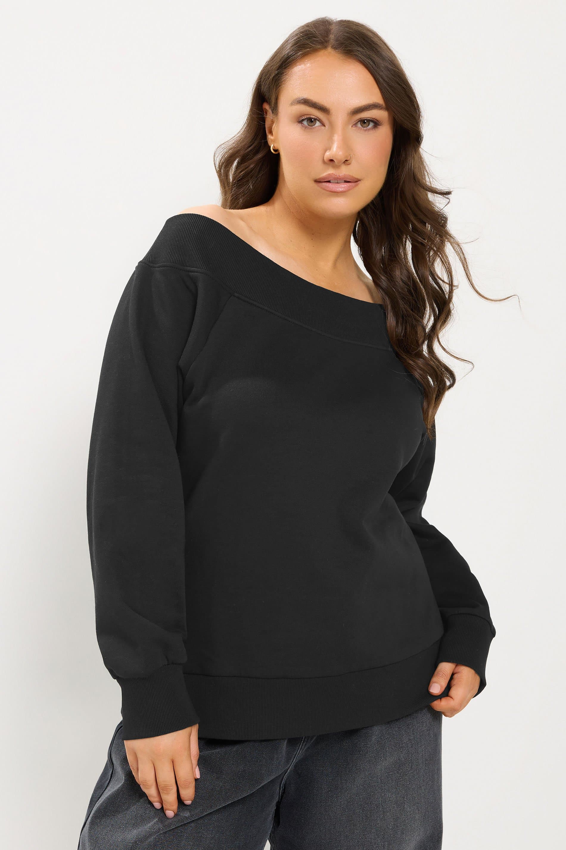 Yours Plus Size Black Ribbed Off Shoulder Sweatshirt