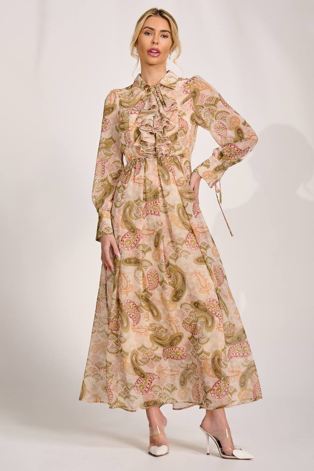 Jolie Moi Jolie Moi Women's Long Sleeve Ruffle Chiffon Shirt Maxi Dress in Light Beige - 3