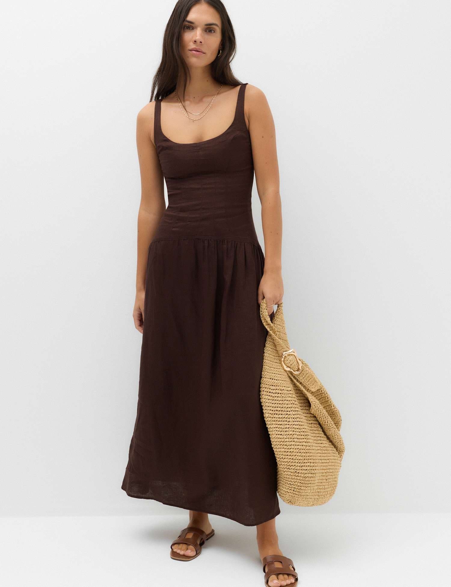 Marks & Spencer M&S Pure Linen Scoop Neck Waisted Midaxi Dress Peat