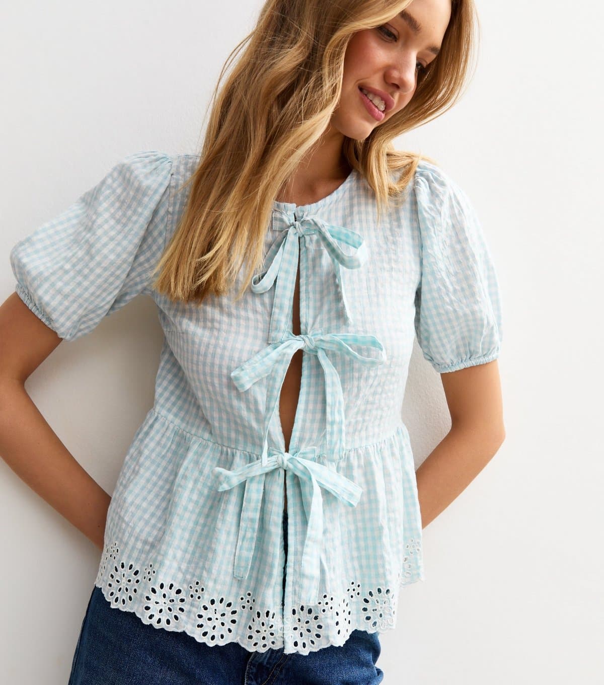 New Look Women's Blue Broderie Anglaise Hem Gingham Shirt New Look