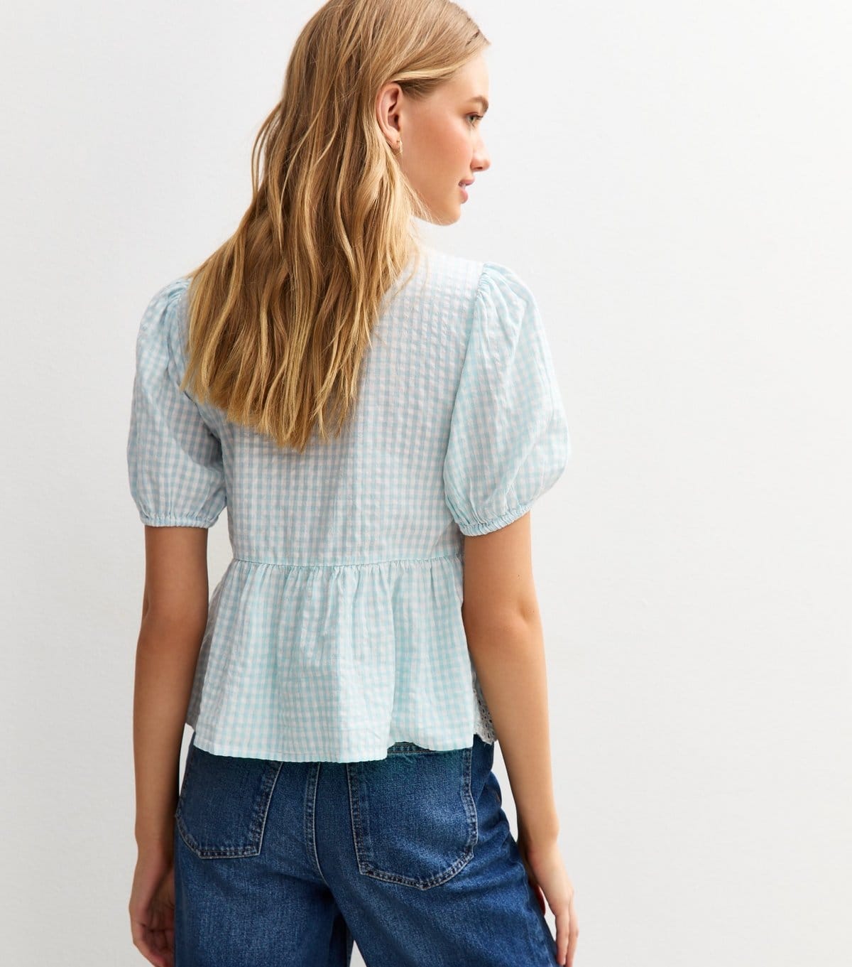 New Look Women's Blue Broderie Anglaise Hem Gingham Shirt New Look - 4