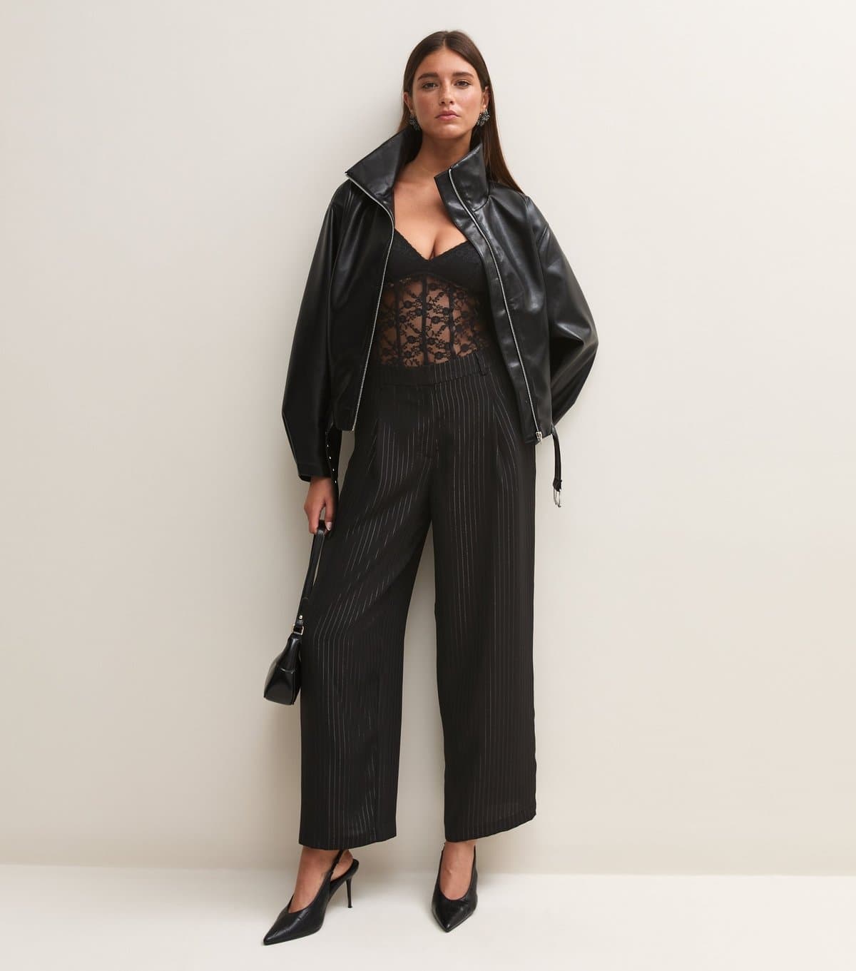 New Look Women's Black Pinstripe Inverted Pleat Wide Leg Tailored Trousers New Look