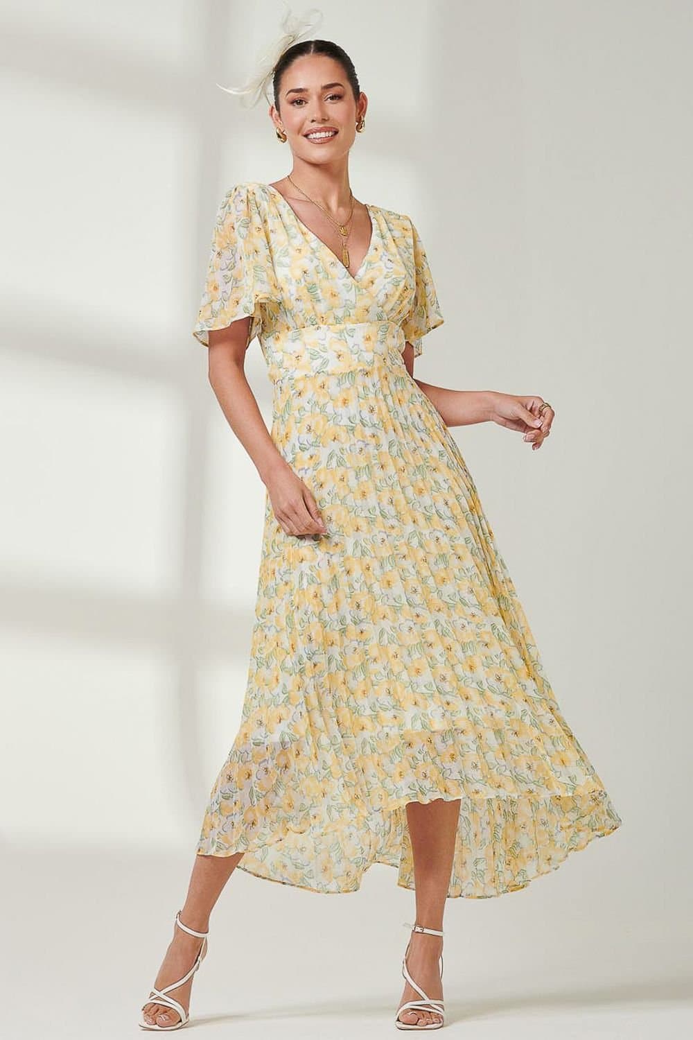 Jolie Moi Jolie Moi Women's Pleated Dip Hem Chiffon Midaxi Dress in Yellow