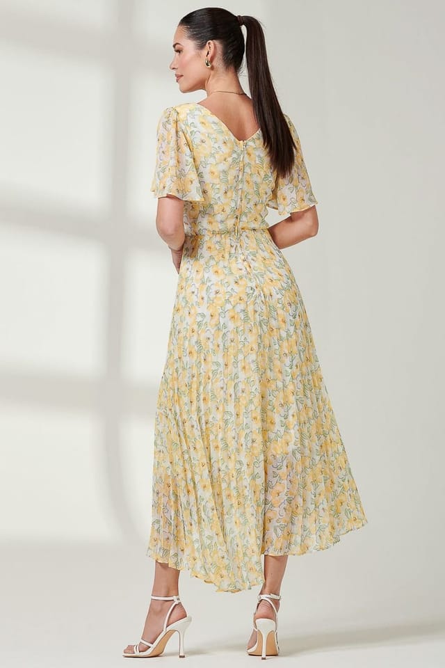 Jolie Moi Jolie Moi Women's Pleated Dip Hem Chiffon Midaxi Dress in Yellow - 2