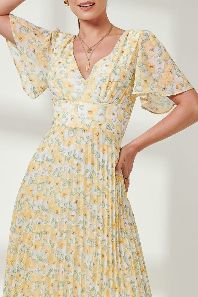 Jolie Moi Jolie Moi Women's Pleated Dip Hem Chiffon Midaxi Dress in Yellow - 3