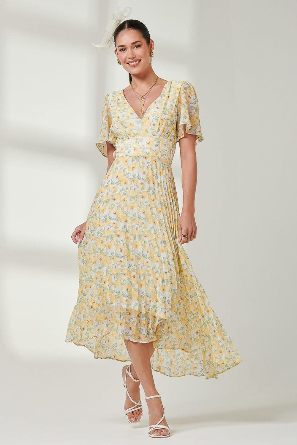 Jolie Moi Jolie Moi Women's Pleated Dip Hem Chiffon Midaxi Dress in Yellow - 4