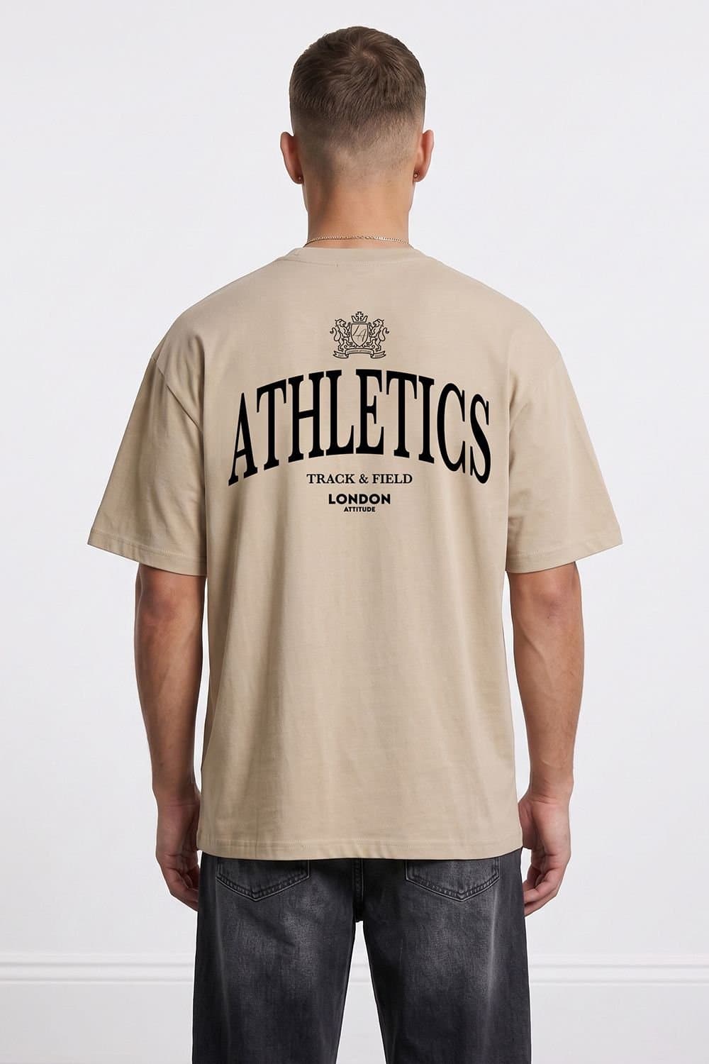 LONDON ATTITUDE LONDON ATTITUDE Men's Athletics Premium Graphic T-Shirt in Light Sand