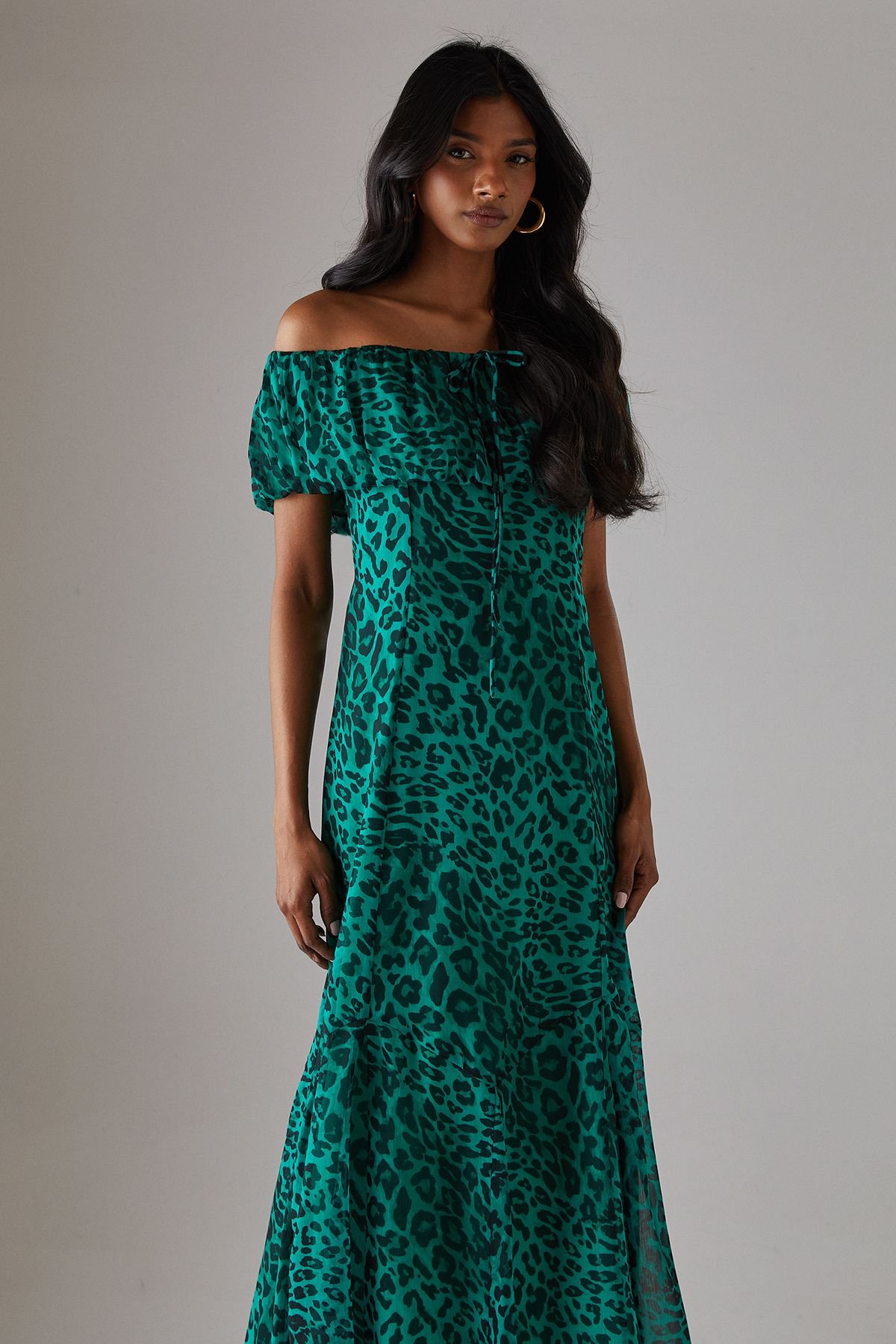 Warehouse Warehouse Women's Chiffon Bardot Godet Insert Milkmaid Midi Dress in Green - 4