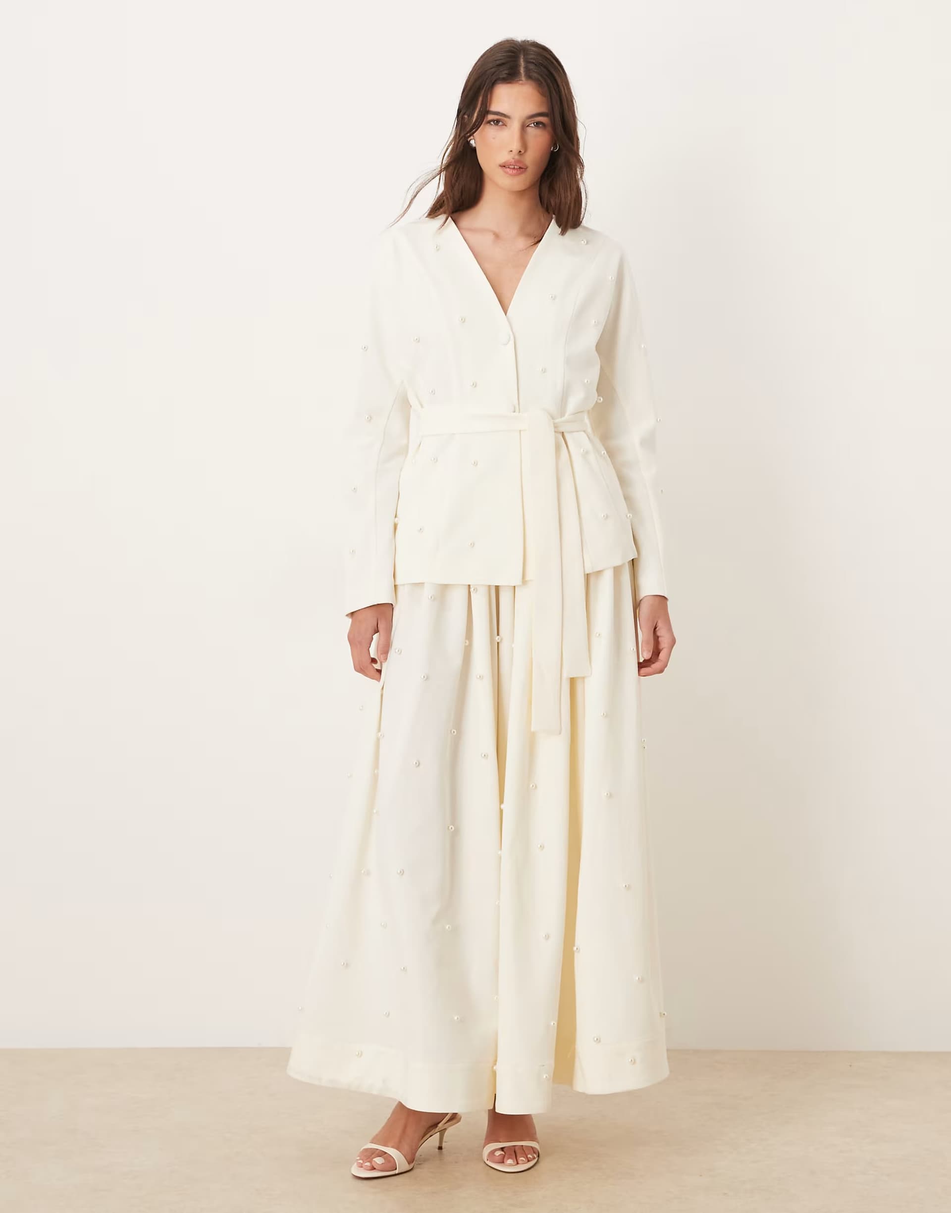 ASOS Dream Sister Jane Ray Days pearl embellished jacket and maxi skirt co-ord in ivory