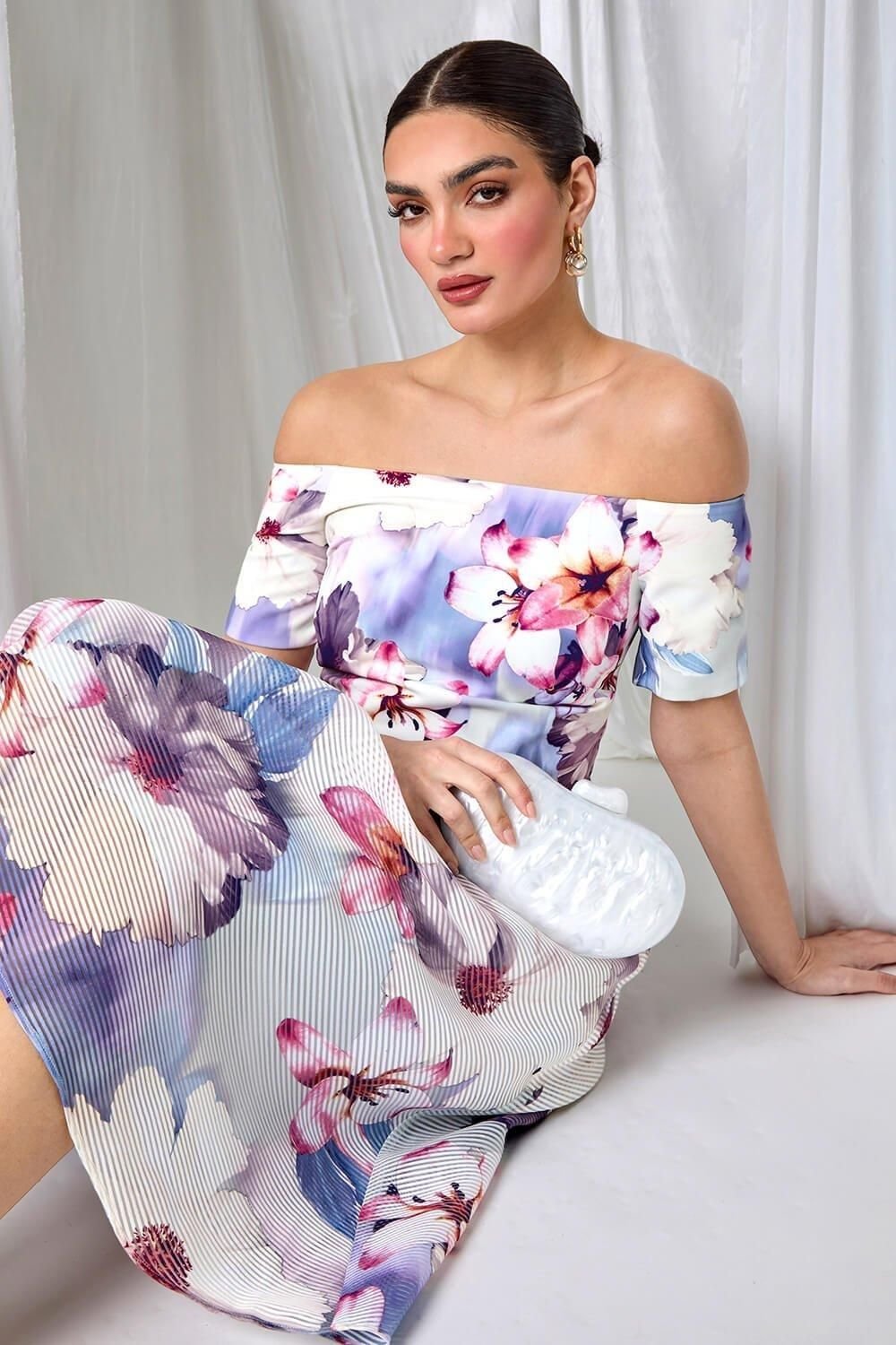 Ariella Ariella Women's Floral Print Premium Stretch Bardot Dress in Grey - 4