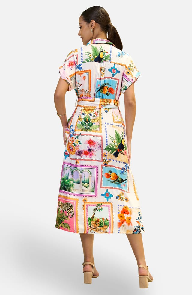 Yumi Yumi Women's Ivory Tropical Postcard Print Relaxed Midi Shirt Dress in White - 2
