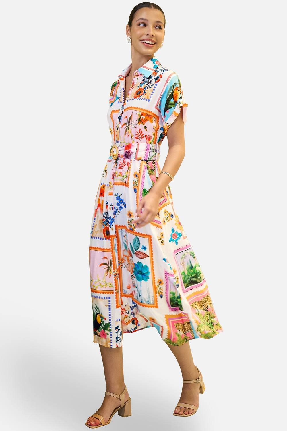 Yumi Yumi Women's Ivory Tropical Postcard Print Relaxed Midi Shirt Dress in White - 3