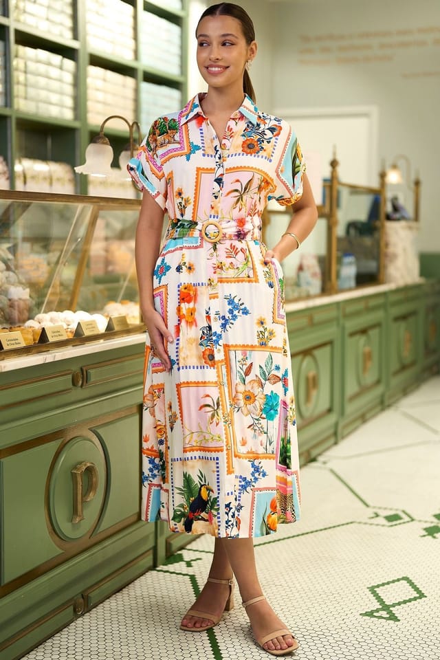 Yumi Yumi Women's Ivory Tropical Postcard Print Relaxed Midi Shirt Dress in White - 3