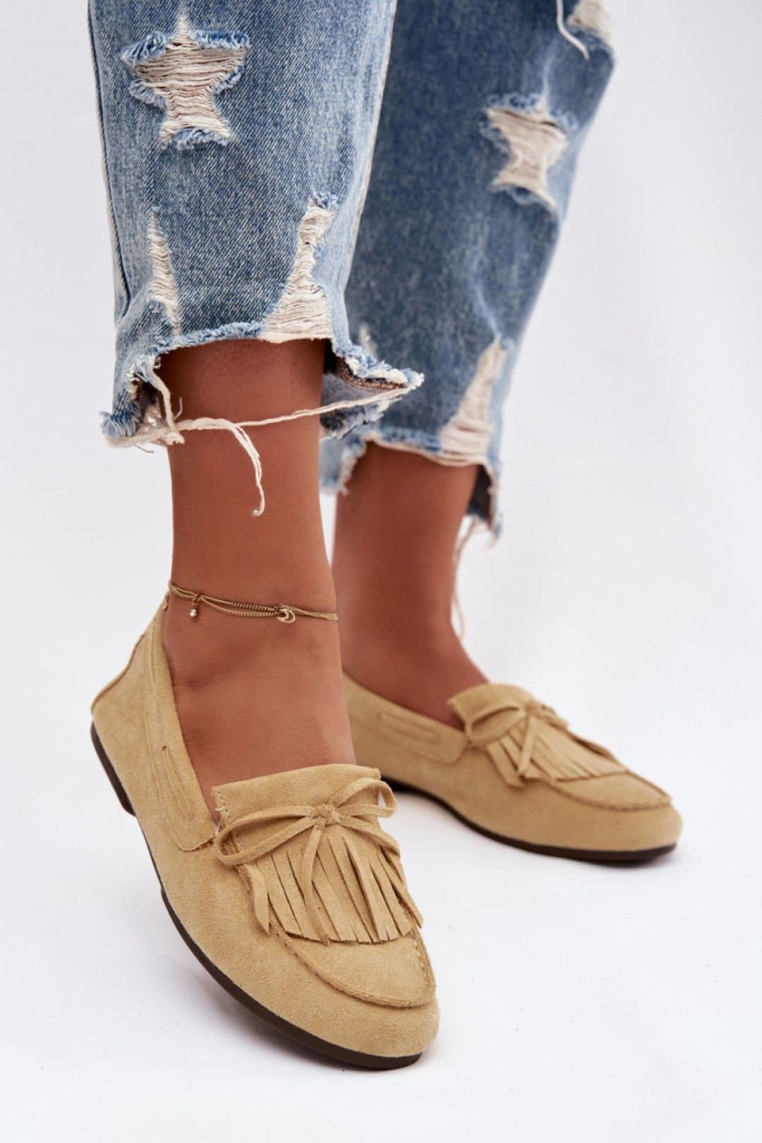 Love Lace Love Lace Women's Suede Flat Fringe Bow Moccasins Slip On Casual Everyday Shoes in Beige