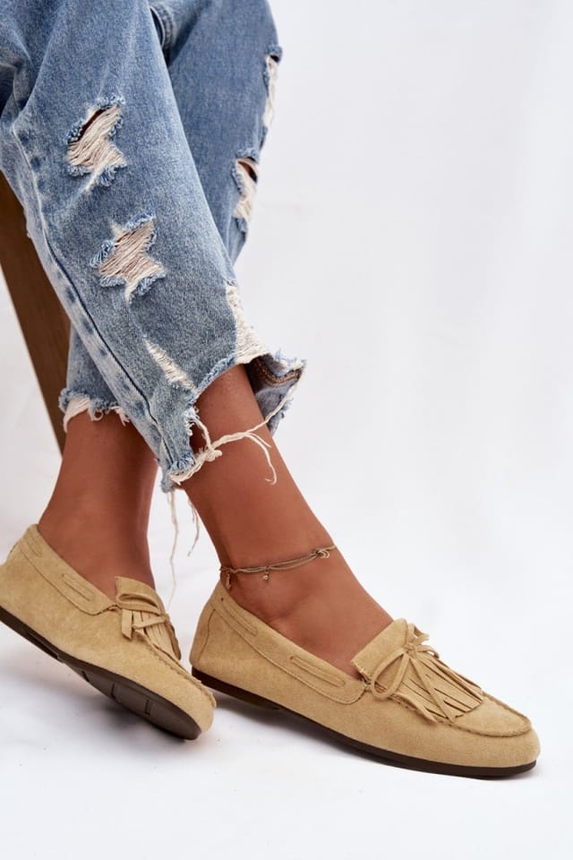 Love Lace Love Lace Women's Suede Flat Fringe Bow Moccasins Slip On Casual Everyday Shoes in Beige - 3