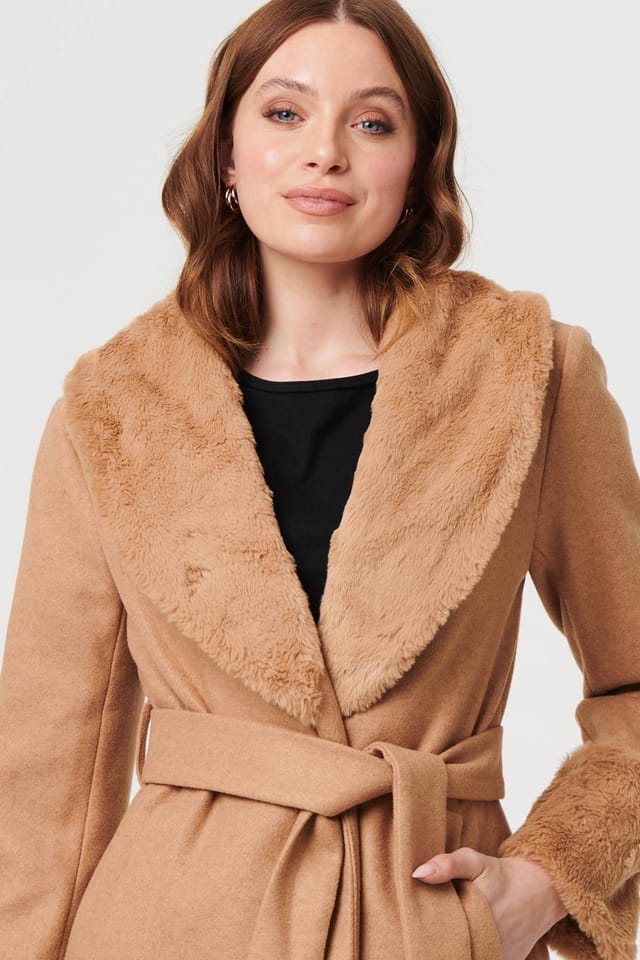 Izabel London Izabel London Women's Faux Fur Trim Tie Waist Longline Coat in Beige - 2