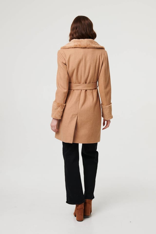 Izabel London Izabel London Women's Faux Fur Trim Tie Waist Longline Coat in Beige - 3