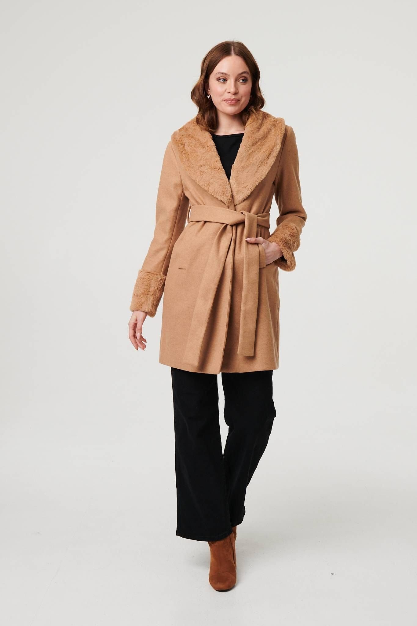 Izabel London Izabel London Women's Faux Fur Trim Tie Waist Longline Coat in Beige - 4