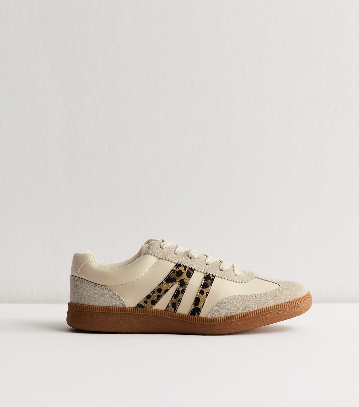 New Look Women's Stone Leopard Trim Panelled Faux Leather Trainers Vegan New Look