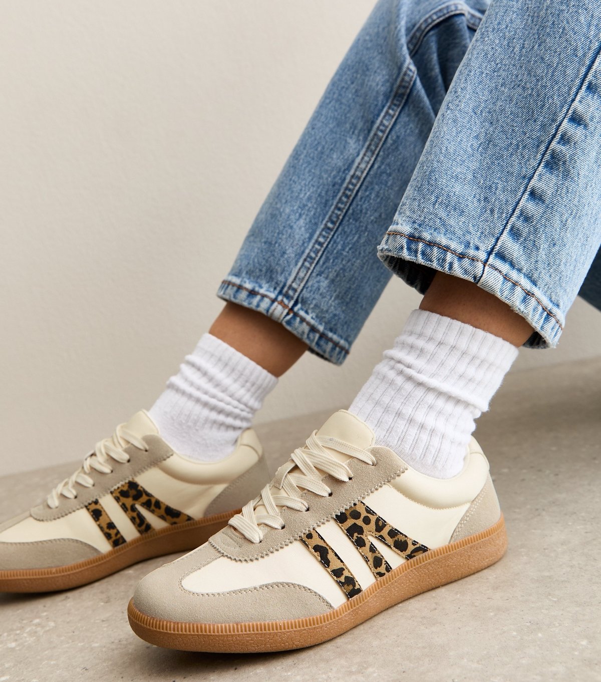 New Look Women's Stone Leopard Trim Panelled Faux Leather Trainers Vegan New Look - 2