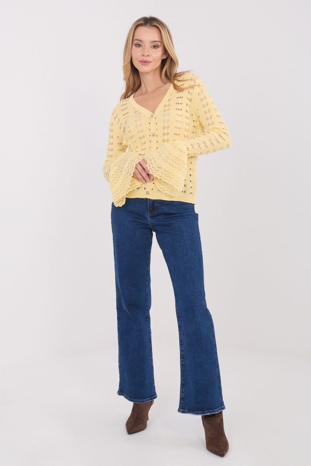 Love Lace Love Lace Women's Boho Openwork V Neck Button Cardigan in Yellow