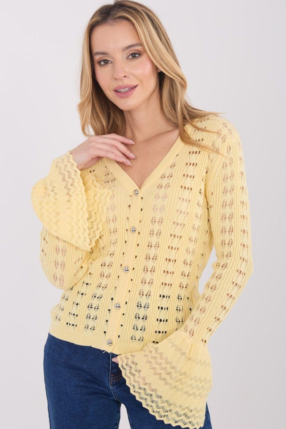 Love Lace Love Lace Women's Boho Openwork V Neck Button Cardigan in Yellow - 4