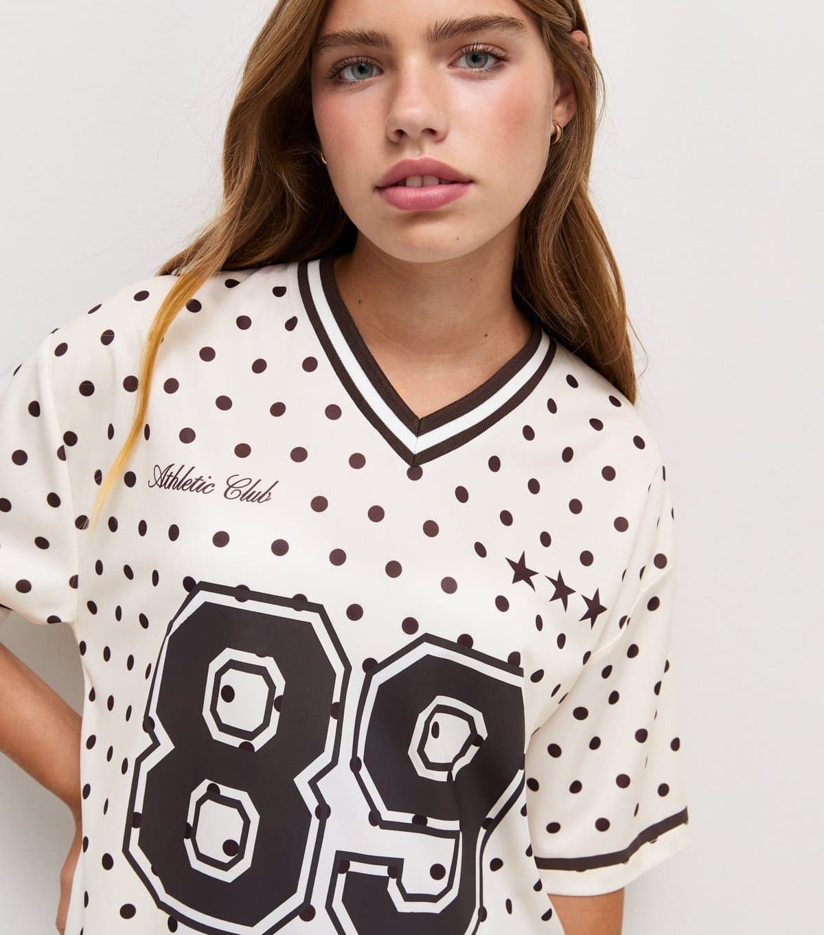 New Look Girls' Cream 89 Spot Print Lace Insert Football Top New Look