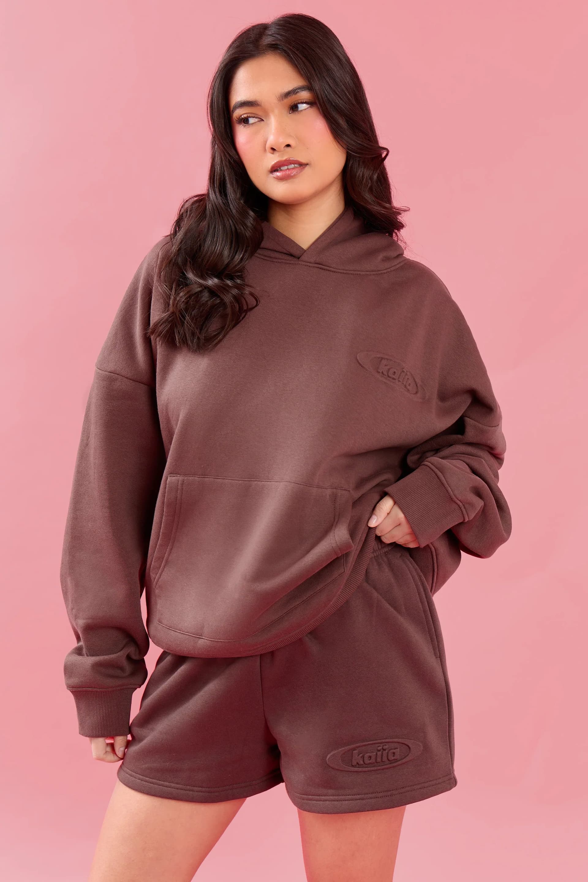 Kaiia Kaiia Embossed Mini Sweat Shorts in Cocoa Brown