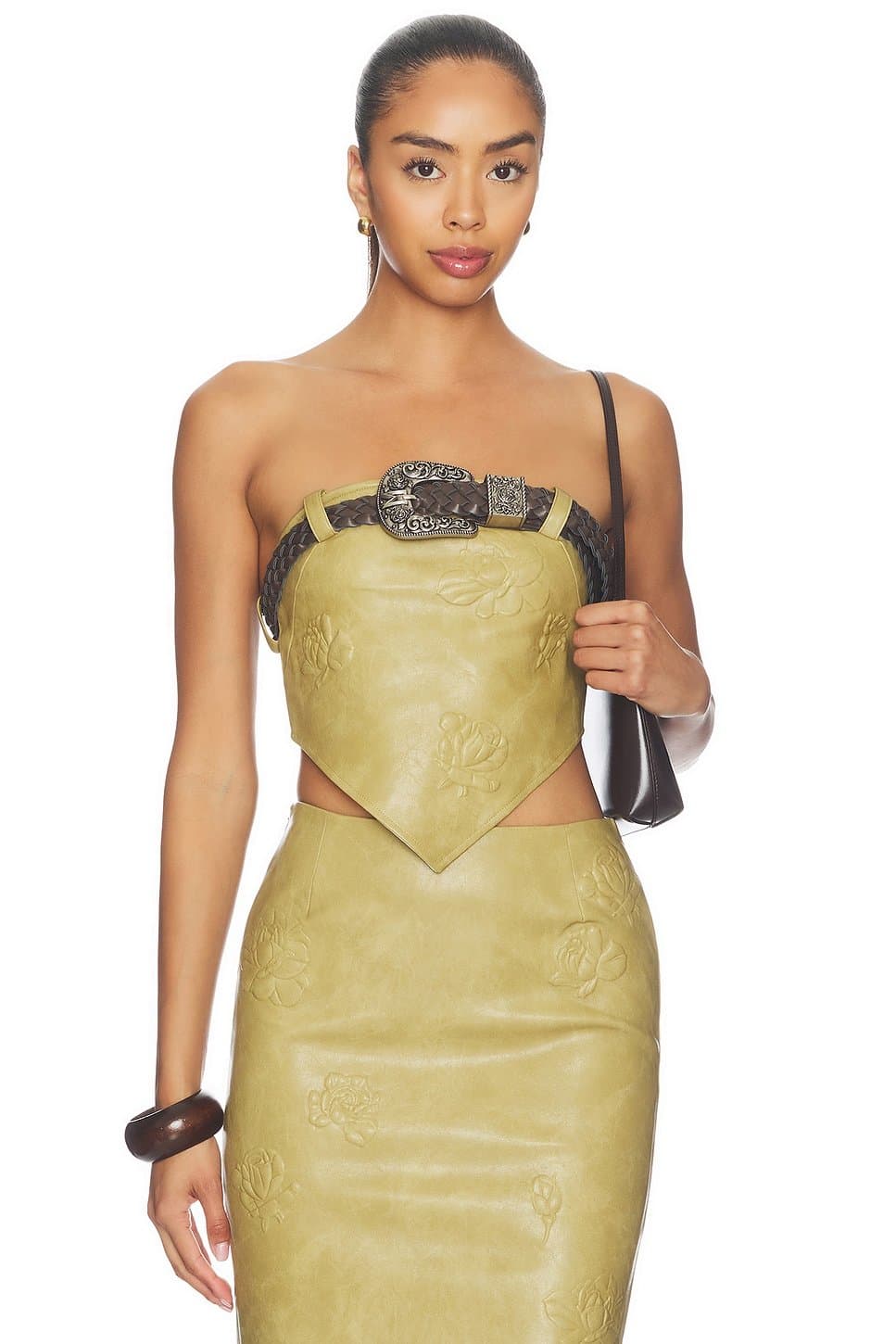 revolve Revolve Khaki Faux Leather Floral Tube Top With Detachable Belt