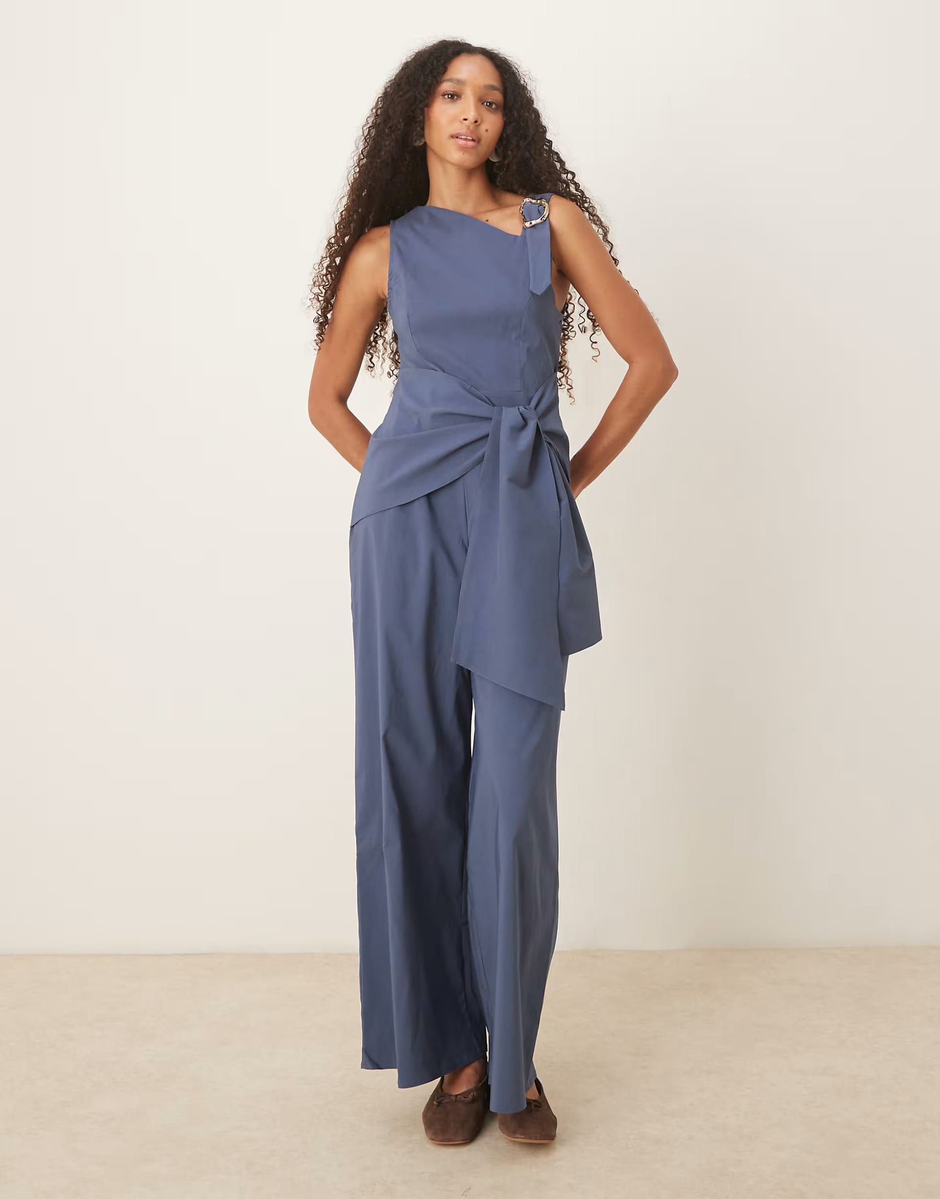 ASOS Navy Asymmetric Jumpsuit with Gold Strap Detail