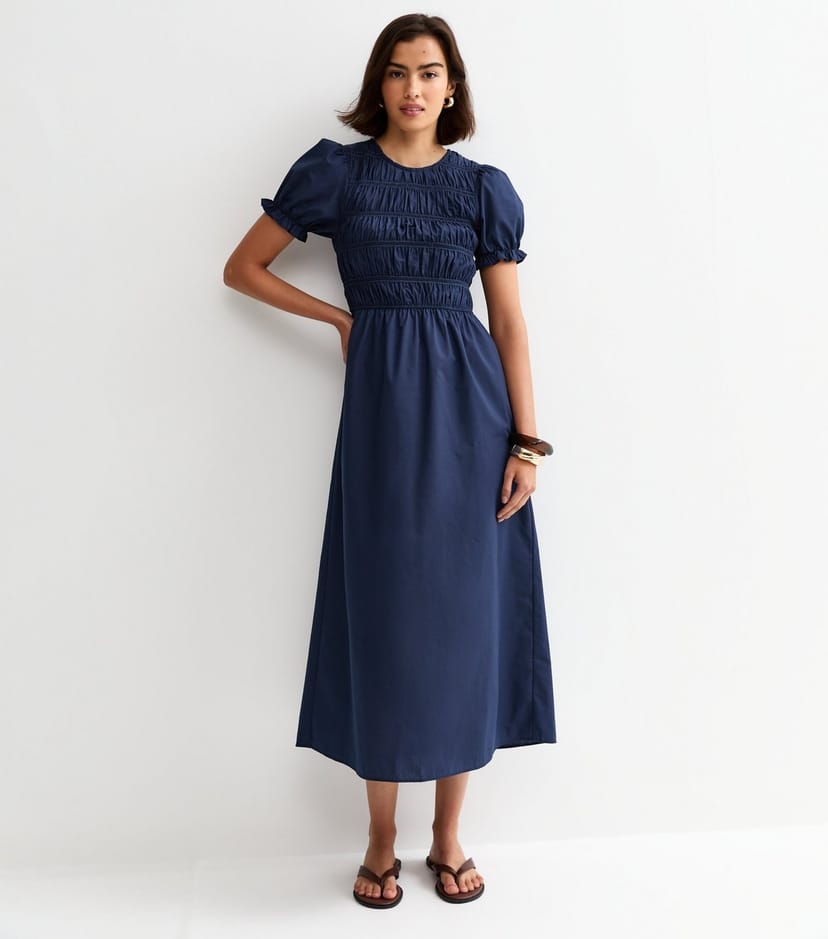 New Look Women's Navy Shirred Poplin Midi Dress New Look - 1