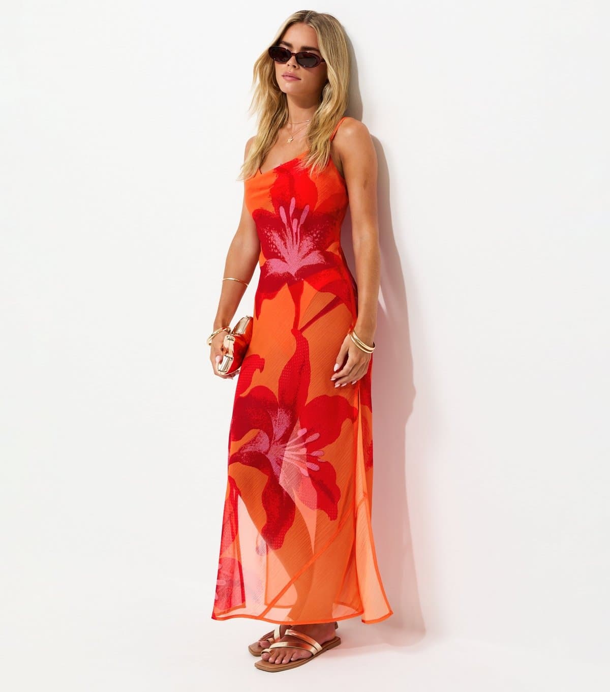 New Look Women's Petite Orange Hibiscus Maxi Beach Dress New Look