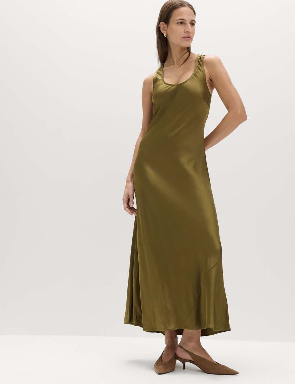 Marks & Spencer M&S Satin Scoop Neck Midaxi Slip Dress Sage