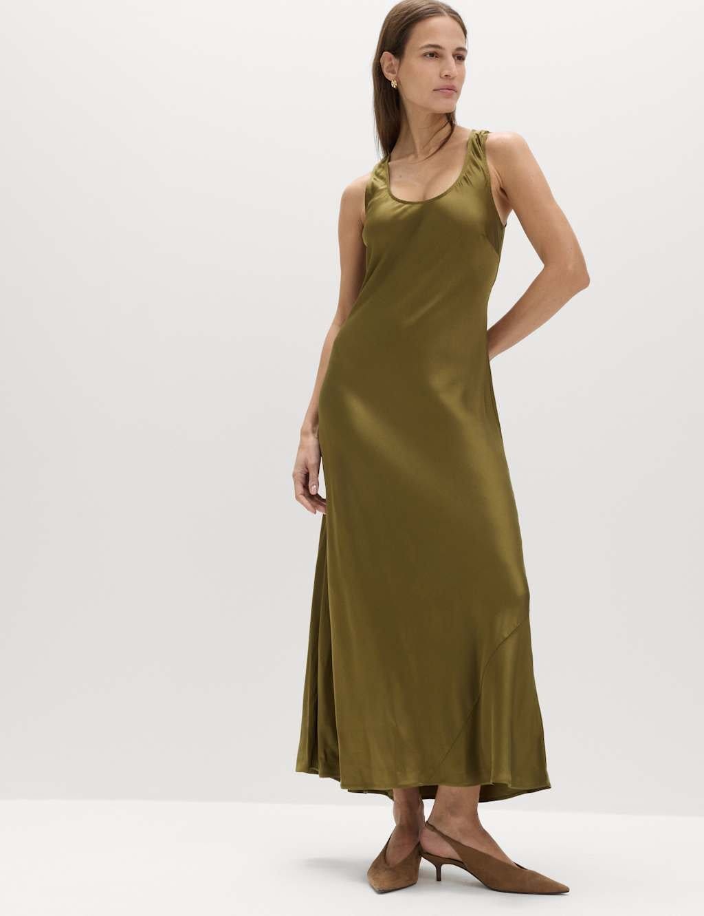 Marks & Spencer M&S Satin Scoop Neck Midaxi Slip Dress Sage - 1