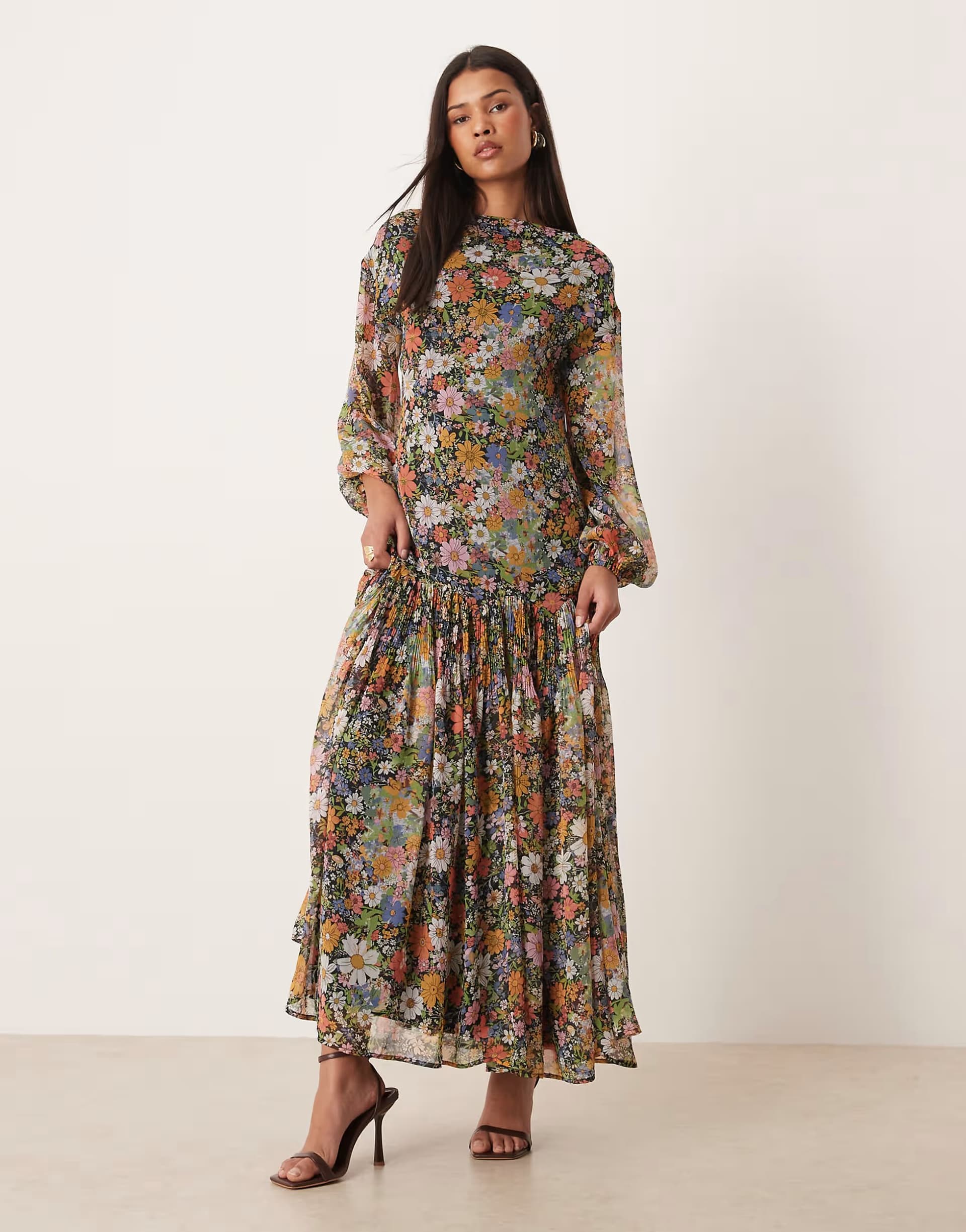 ASOS ASOS DESIGN slash neck chiffon godet maxi dress in black based floral