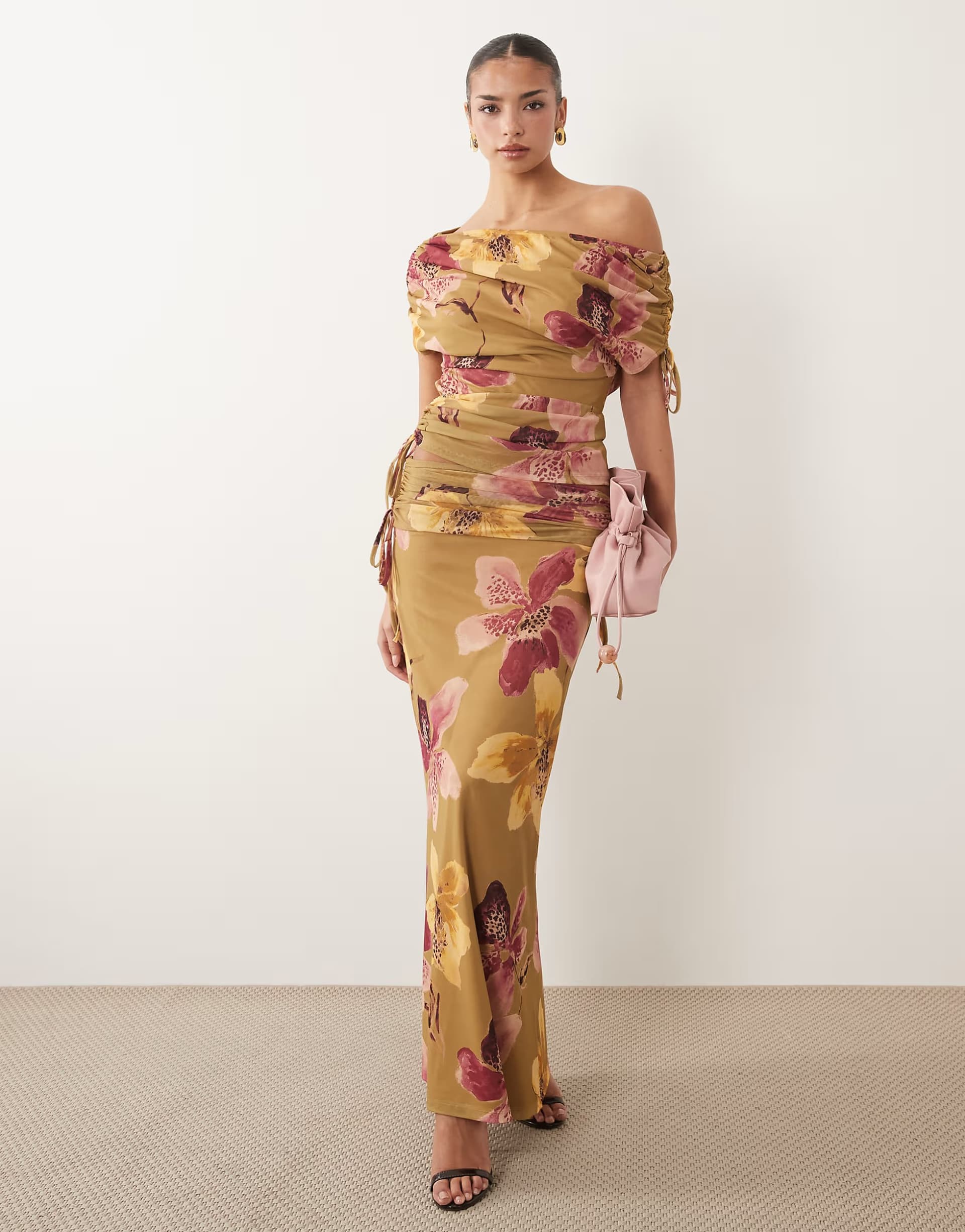 ASOS ASOS DESIGN co-ord printed mesh ruched maxi skirt in pink check print