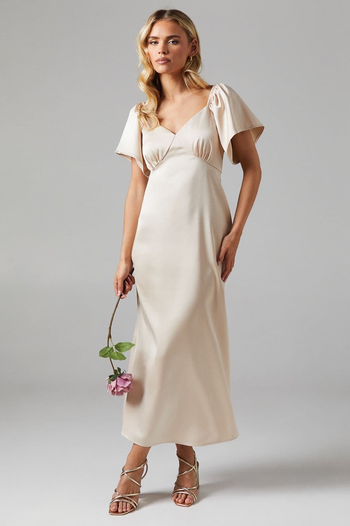 Oasis Oasis Women's Petite Angel Sleeve Satin Bridesmaid Midi Dress in Champagne