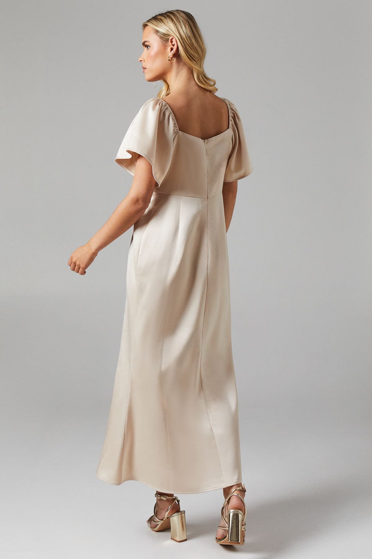Oasis Oasis Women's Petite Angel Sleeve Satin Bridesmaid Midi Dress in Champagne - 3